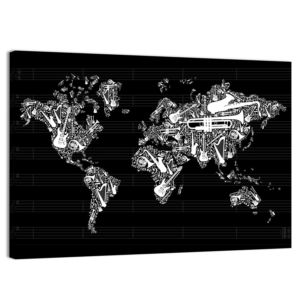 Instrument Silhouette World Map Wall Art, canvas print, landscape