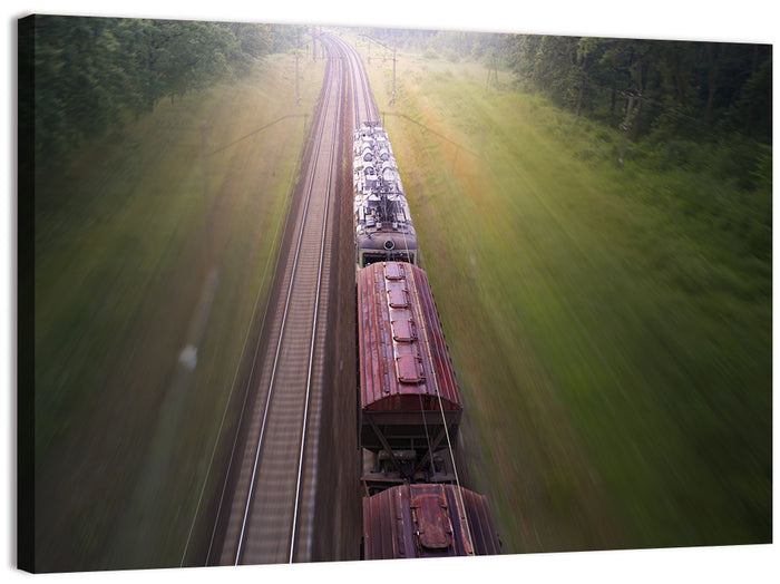 Freight Train Through Forest Wall Art as a canvas print