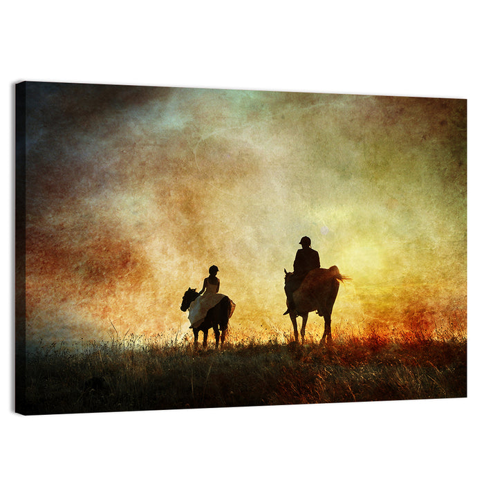 Silhouetted Horse Riders at Sunset Wall Art as a canvas print