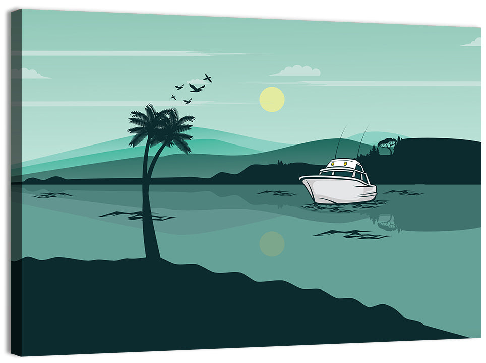 Teal Lake Boat with Palm Tree Wall Art
