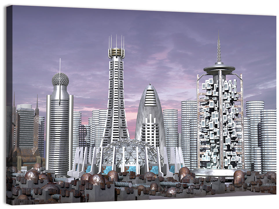 Purple Dusk Futuristic Cityscape Wall Art, canvas print, landscape
