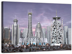 Purple Dusk Futuristic Cityscape Wall Art