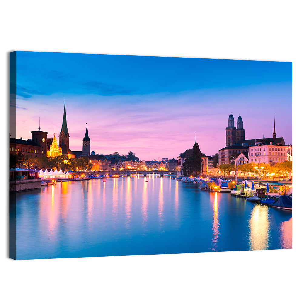 Zurich Blue Hour Over the Limmat Wall Art, canvas print, landscape