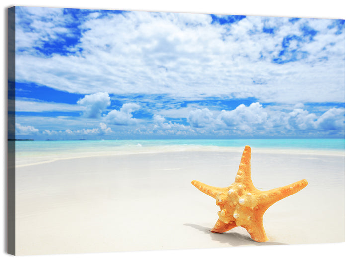 Minimalist Yellow Starfish on Turquoise Shore Wall Art as a canvas print