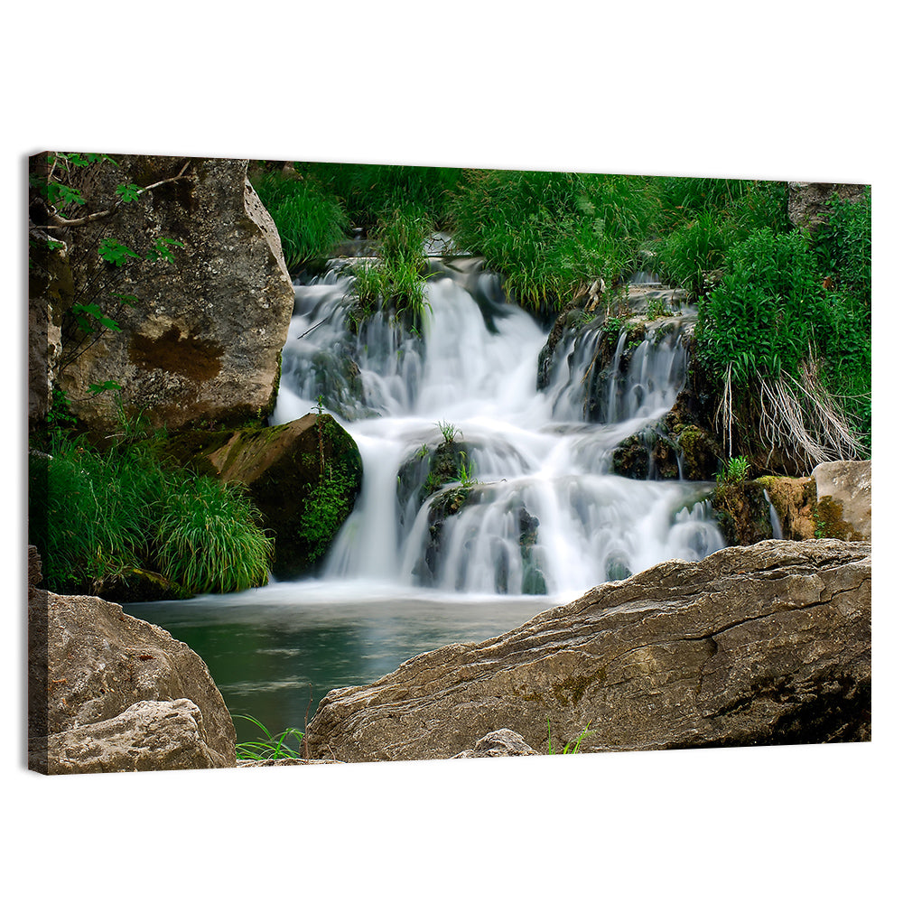 Moss Covered Rocky Waterfall Wall Art, canvas print, landscape