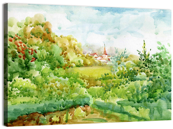 Red Steeple Village Watercolor Wall Art as a canvas print
