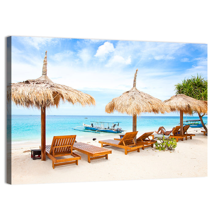 Gili Meno Beach with Thatched Umbrellas Wall Art as a canvas print