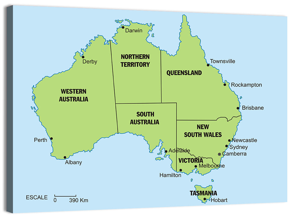 Minimalist Australia Map with State Labels Wall Art, canvas print, landscape