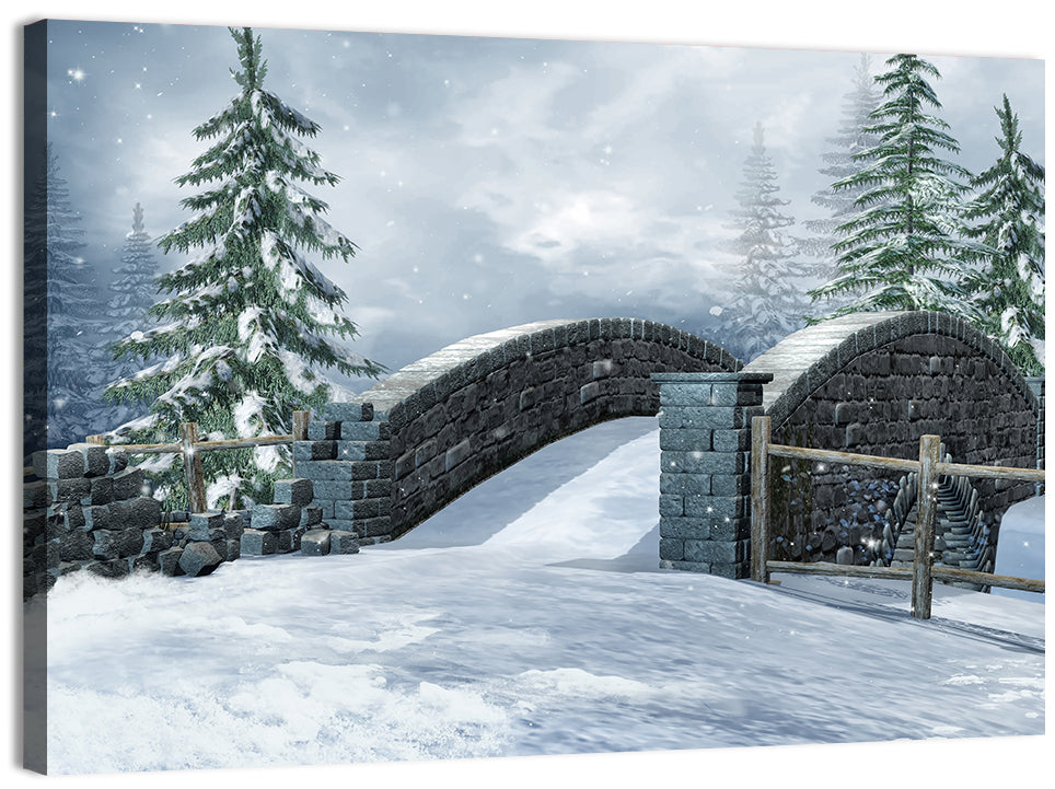Snowy Stone Bridge in Winter Forest Wall Art, canvas print, landscape