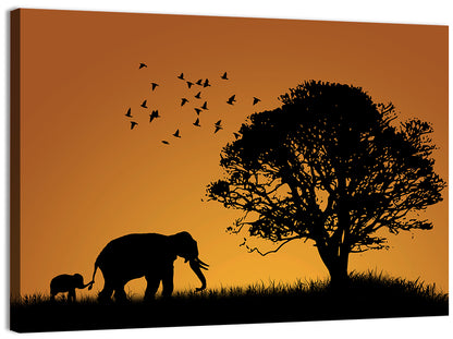 Elephant Family at Golden Sunset Wall Art