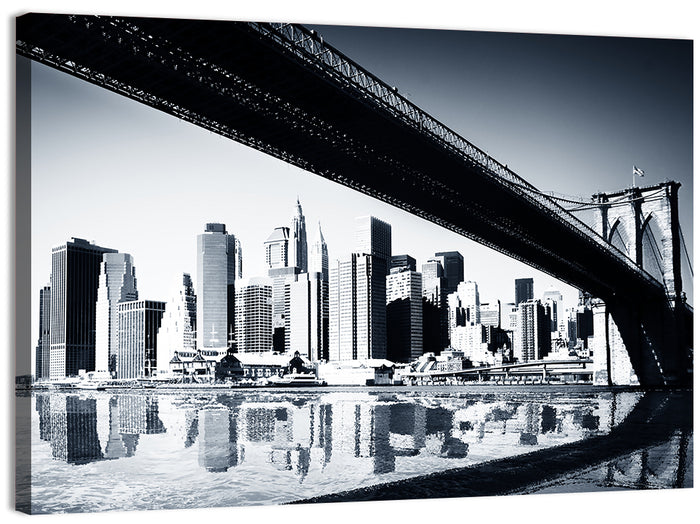 Brooklyn Bridge Low Angle Skyline Reflection Wall Art as a canvas print
