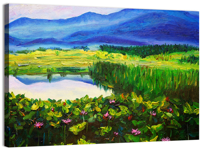 Summer Lake with Lotus Blossoms Wall Art as a canvas print