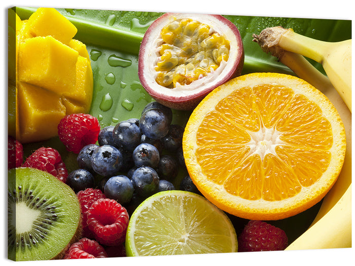 Vibrant Fresh Fruit Flat Lay Wall Art as a canvas print