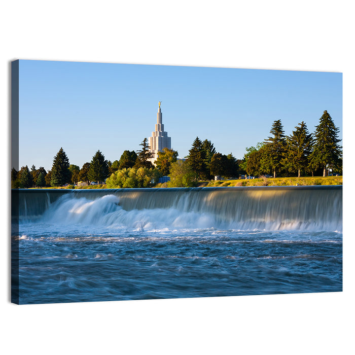 Idaho Falls Temple and Waterfall Wall Art as a canvas print