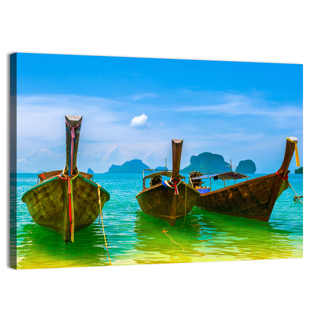Three Long-tail Boats on Turquoise Water Wall Art, canvas print, landscape