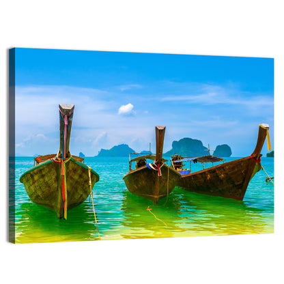 Three Long-tail Boats on Turquoise Water Wall Art