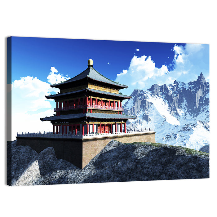 Sunlit Pagoda and Snow Peaks Wall Art as a canvas print