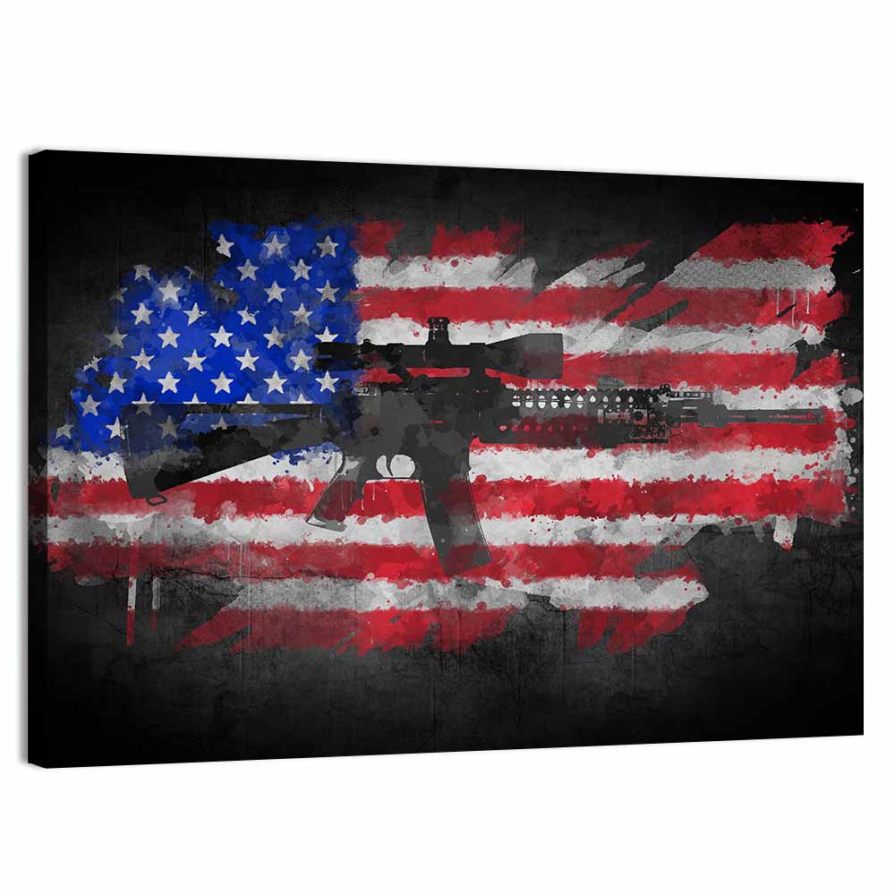 M16 Over Distressed American Flag Wall Art