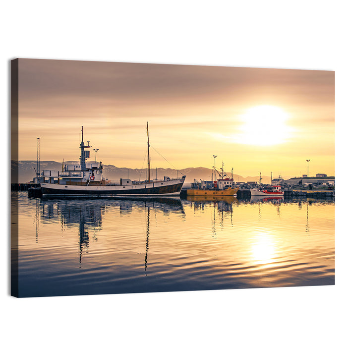 Husavik Harbor at Golden Hour Wall Art as a canvas print