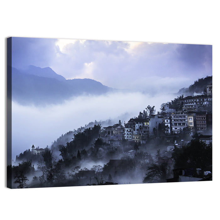 Misty Hillside Town Wall Art as a canvas print
