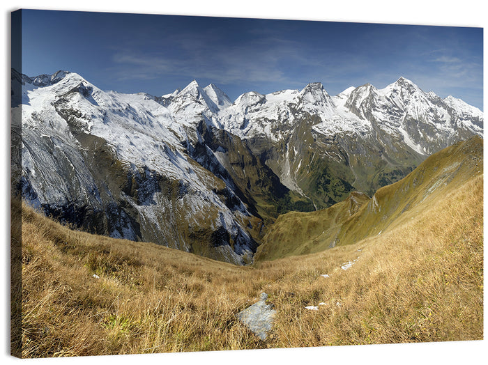 Crisp Alpine Valley with Snow-capped Peaks Wall Art as a canvas print