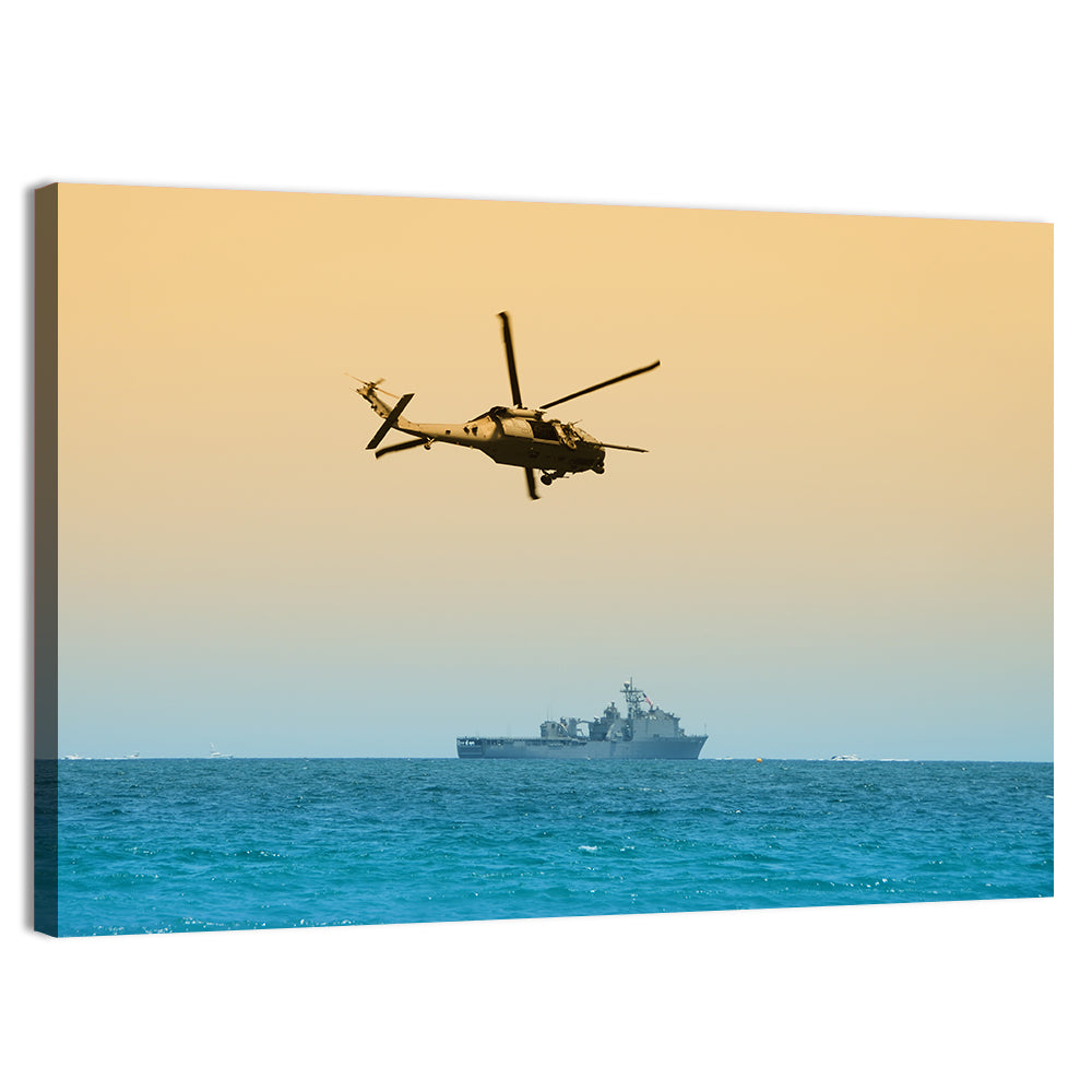 Helicopter Over Warship at Sea Wall Art