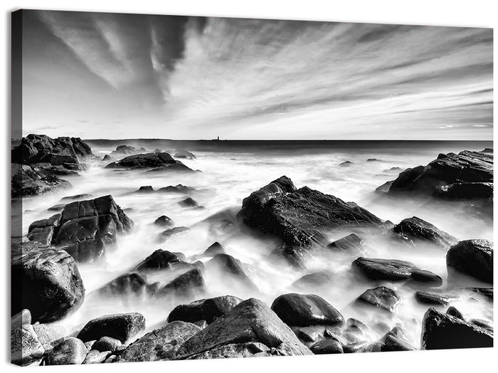 Maine Rocky Coast with Distant Lighthouse Wall Art as a canvas print