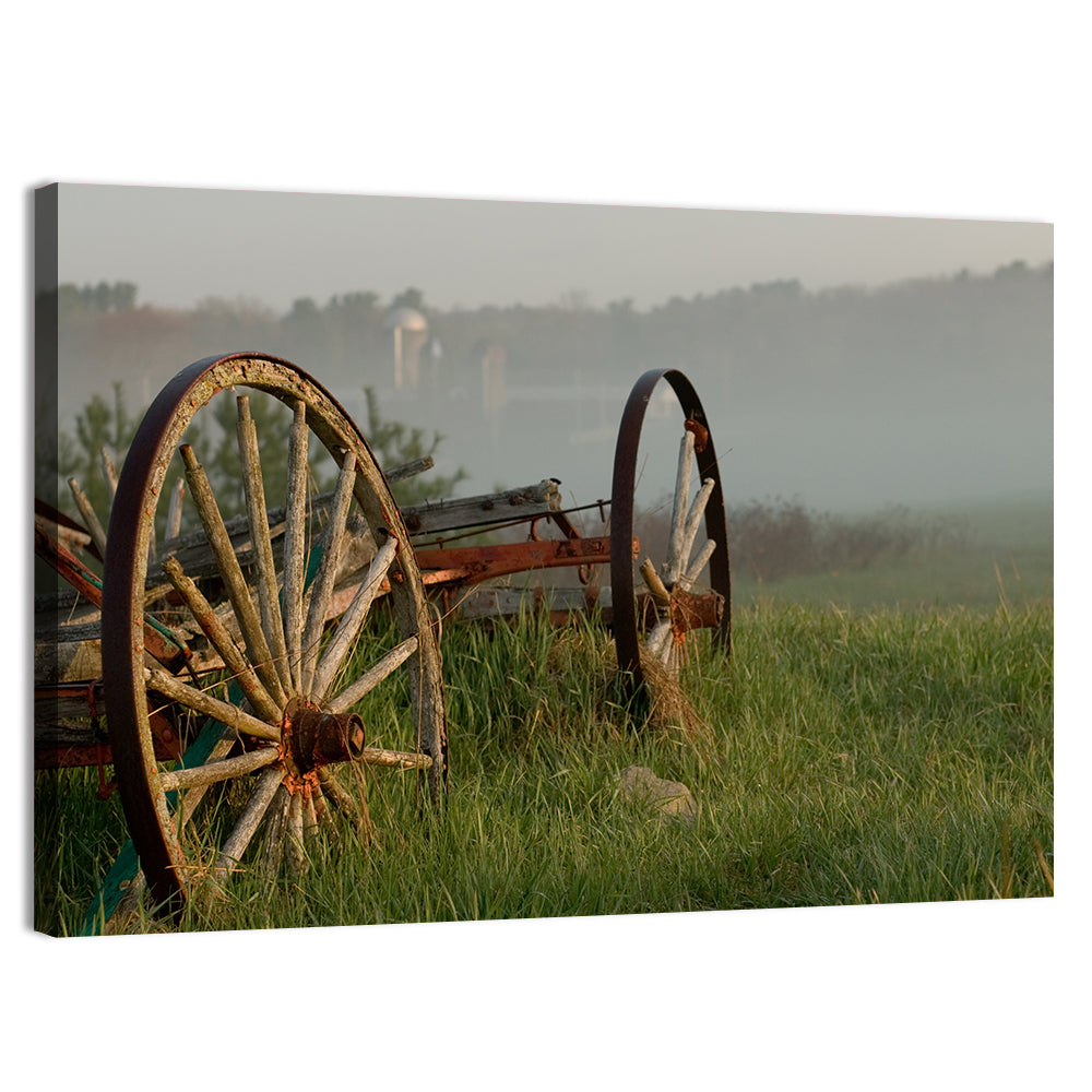 Weathered Wagon in Morning Mist Wall Art, canvas print, landscape