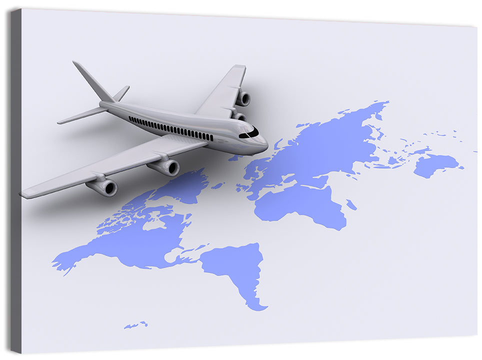 Airplane Over World Map Wall Art, canvas print, landscape
