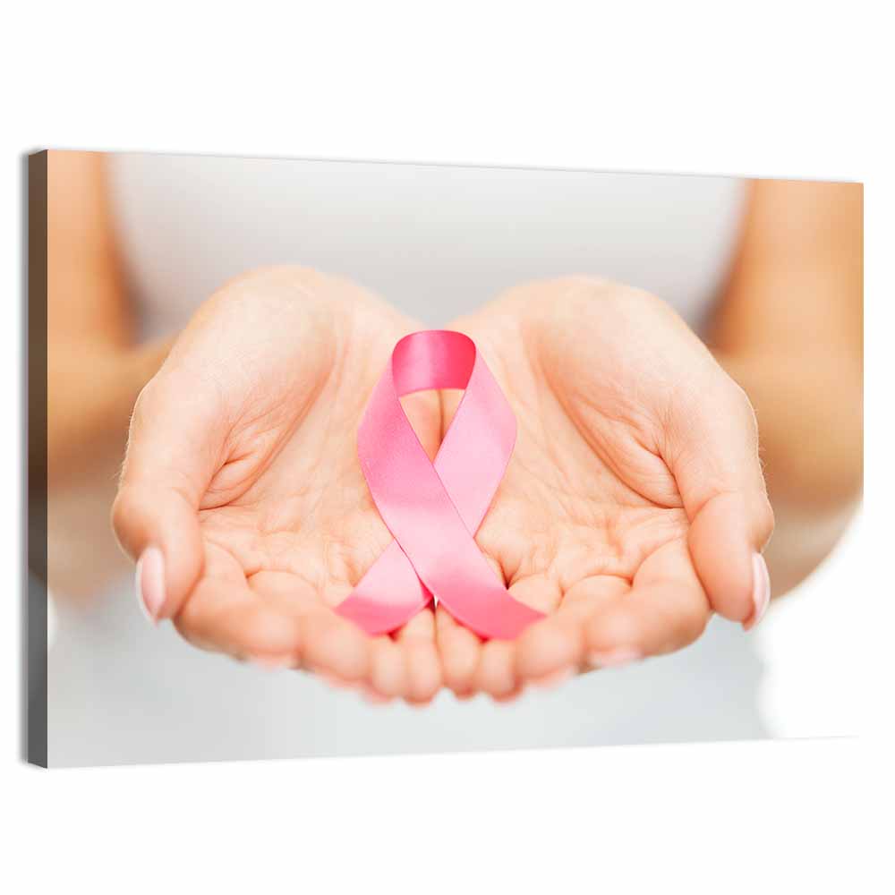 Cupped Hands Holding Pink Ribbon Wall Art