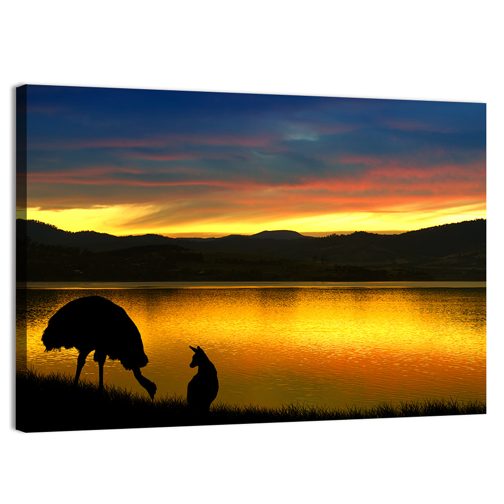 Kangaroo and Emu at Lake Sunset Wall Art