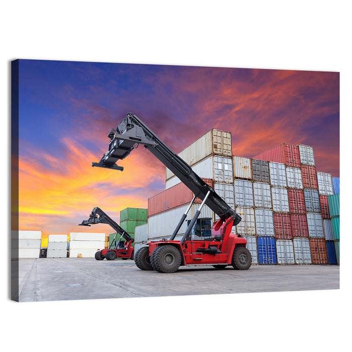 Red Reach Stackers at Sunset Wall Art as a canvas print