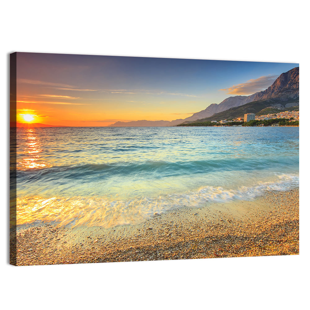 Makarska Pebble Beach Sunset Wall Art, canvas print, landscape