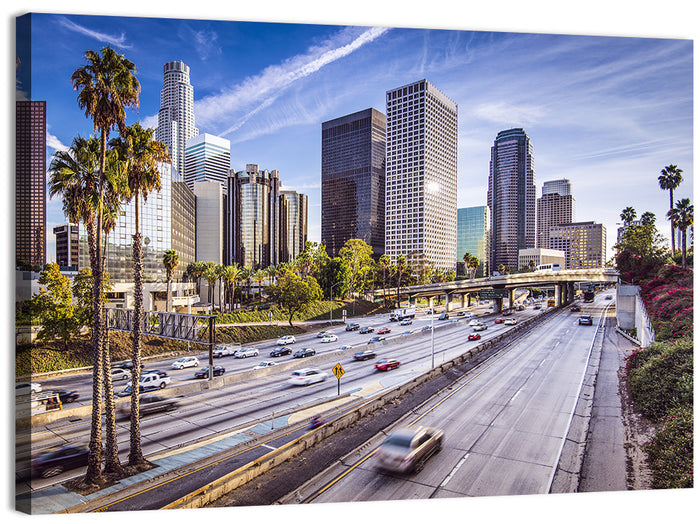 Los Angeles Freeway to Downtown Skyline Wall Art as a canvas print
