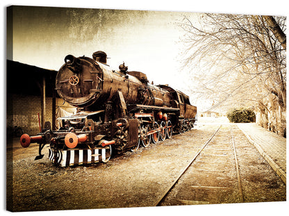 Sepia Steam Locomotive on Rusted Tracks Wall Art