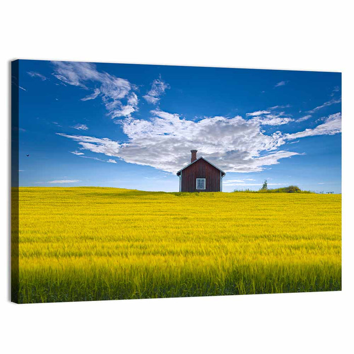 Red Barn in Golden Wheat Field Wall Art as a canvas print
