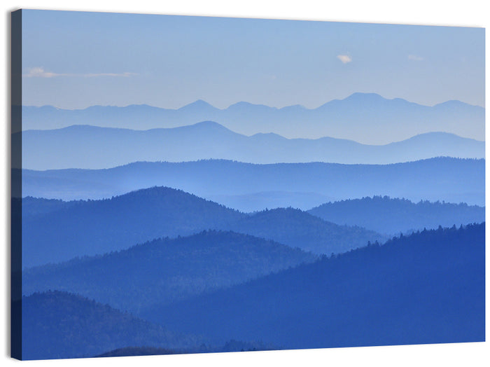 Misty Blue Mountain Valley Wall Art as a canvas print