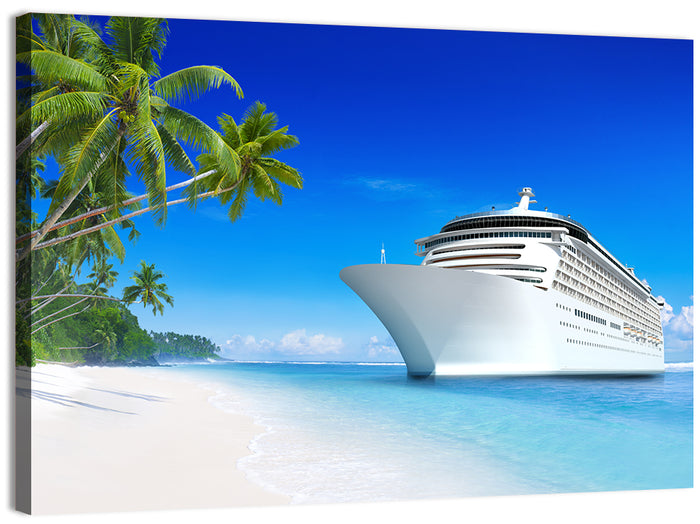 Cruise Ship Beside Tropical Beach Wall Art as a canvas print