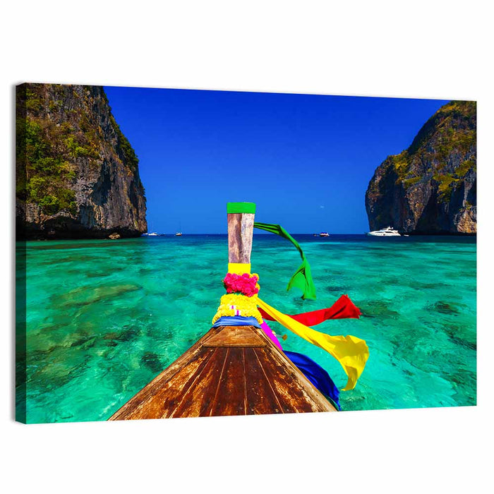 Maya Bay Long-tail Boat Wall Art as a canvas print