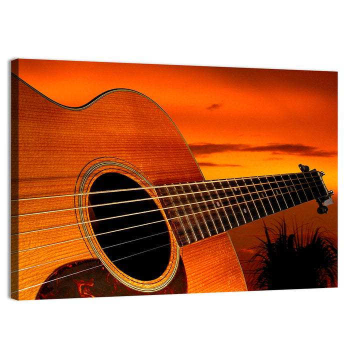Sunset Acoustic Guitar Silhouette Wall Art as a canvas print