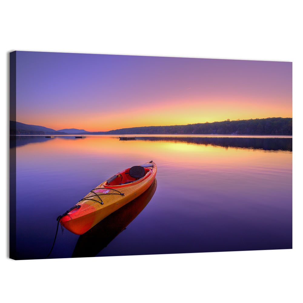 Bright Orange Kayak at Sunset Wall Art, canvas print, landscape
