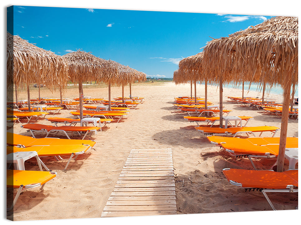 Beach Boardwalk with Orange Loungers Wall Art, canvas print, landscape