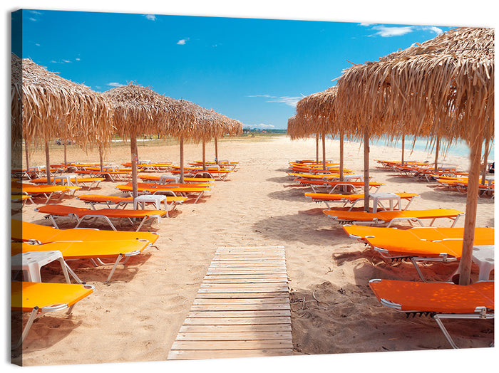 Beach Boardwalk with Orange Loungers Wall Art as a canvas print