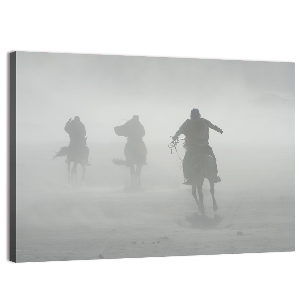 Silhouetted Horse Riders in Mist Wall Art, canvas print, landscape