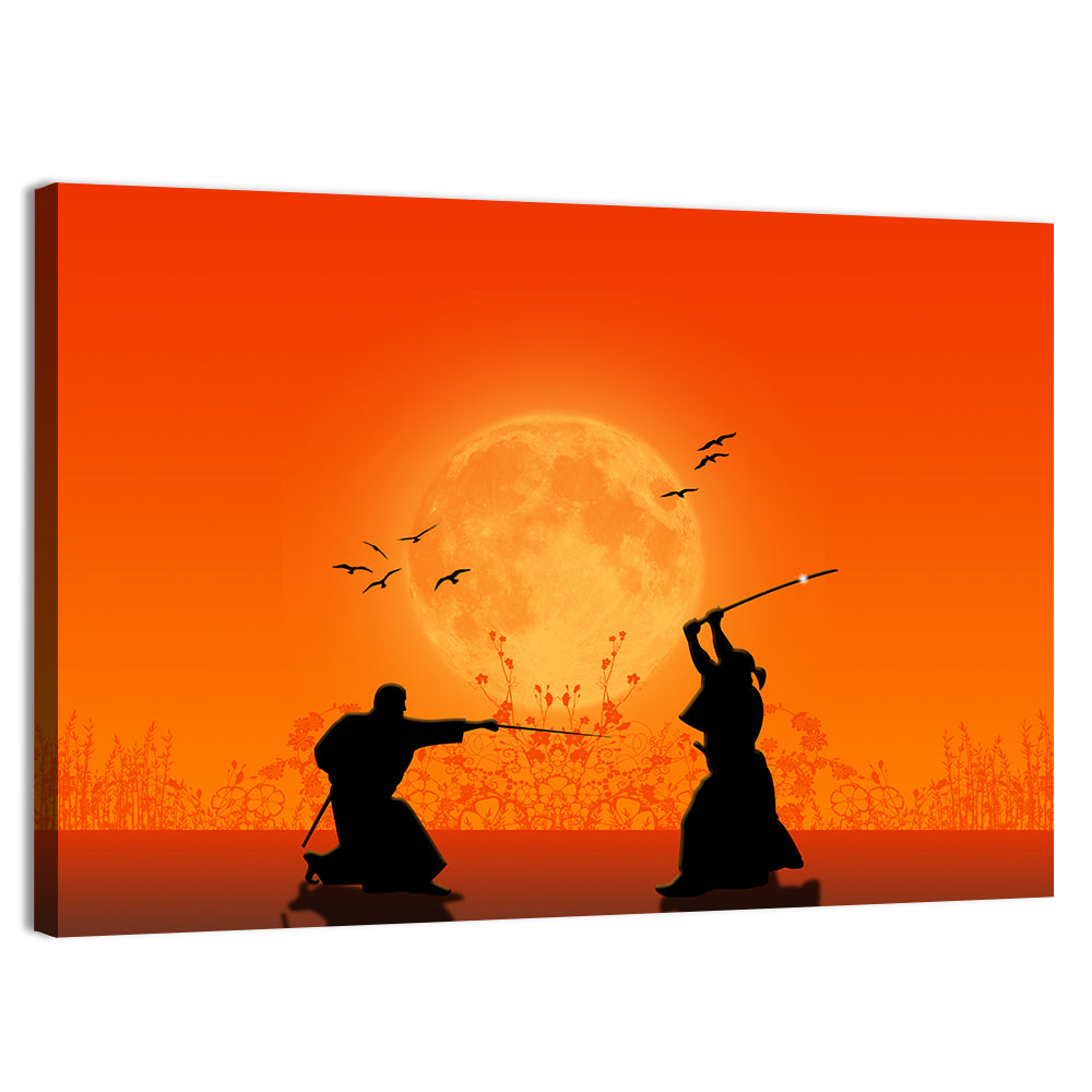 Moonlit Samurai Duel Wall Art, canvas print, landscape