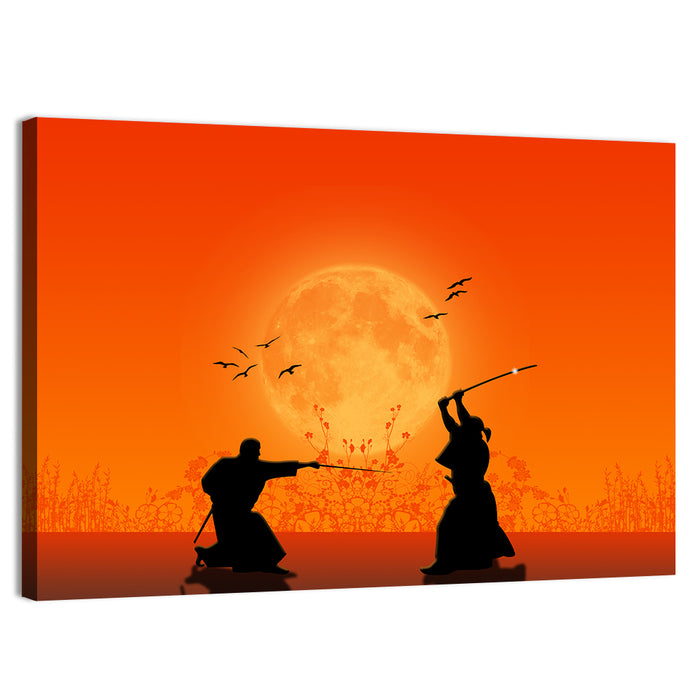 Moonlit Samurai Duel Wall Art as a canvas print