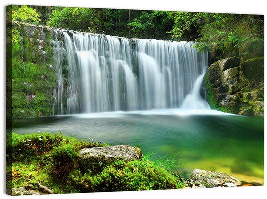 Emerald Forest Waterfall with Mossy Stones Wall Art