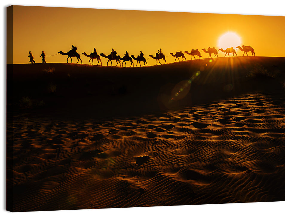 Camel Caravan Silhouette at Golden Sunset Wall Art