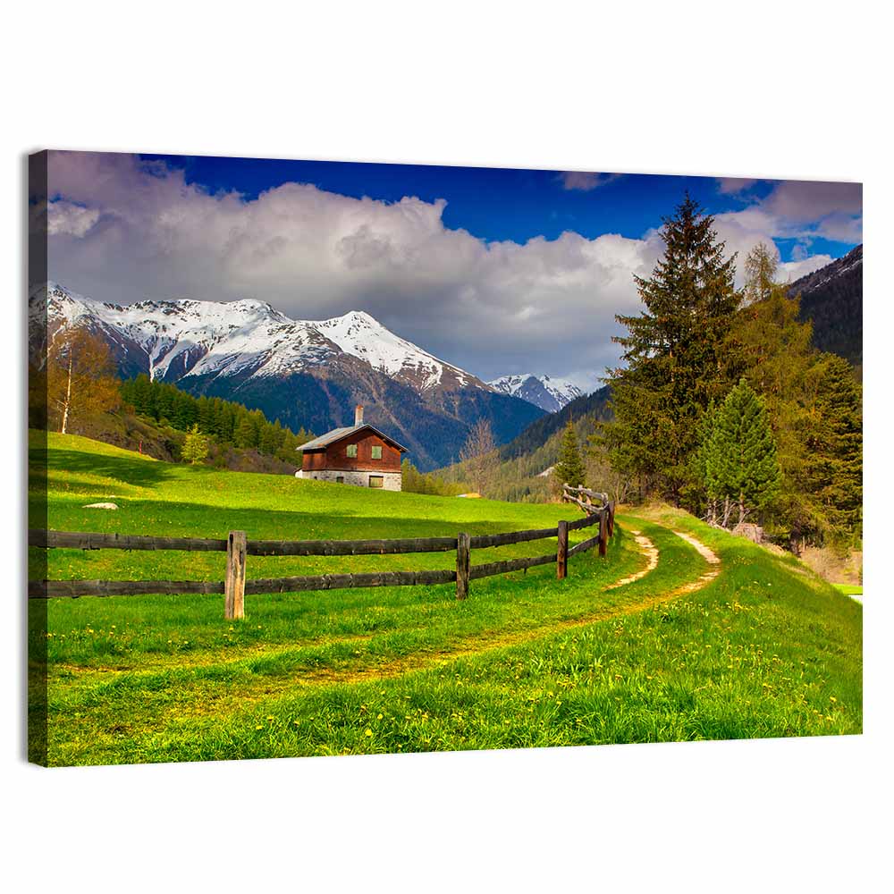 Alpine Meadow Cabin, Swiss Alps Wall Art, canvas print, landscape