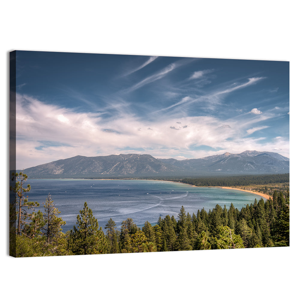 Pines Above a Blue Lake Wall Art, canvas print, landscape